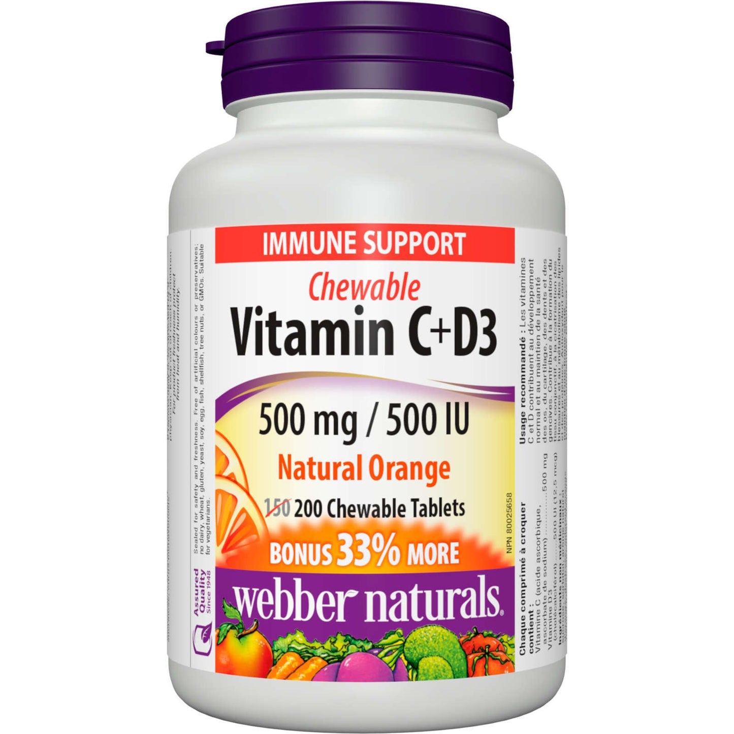 Webber Naturals Vitamin C+D3 500 mg / 500 IU Natural Orange Chewable 200pcs NEW