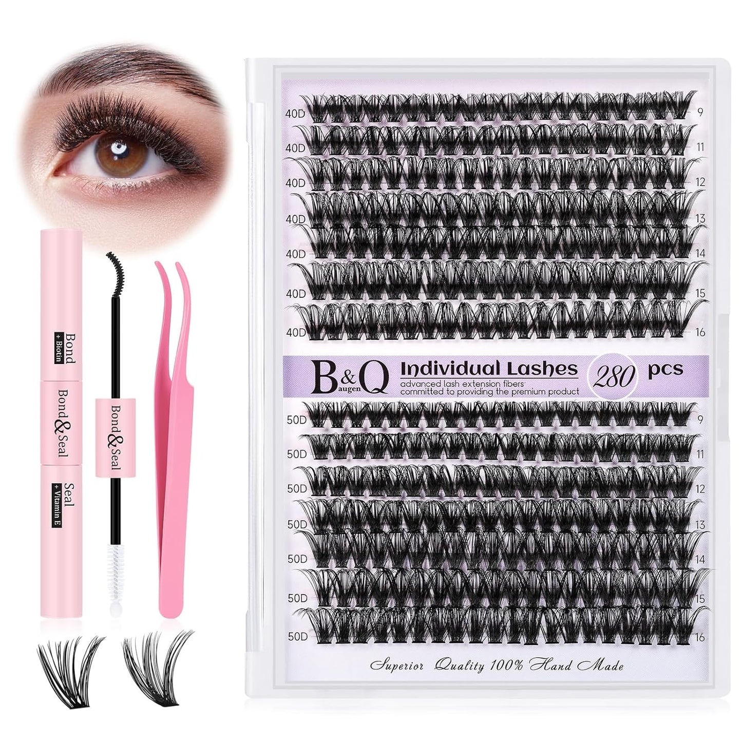 B&Q Lash Extension Kit for Beginners 280pcs Eyelash Extension Kit 40D+50D 9-16 Mixed Lash Clusters Kit D Curl Lash Kit with Lash Bond and Seal Individual Lashes Kit DIY (KIT,40D+50D-D-9-16MIX)