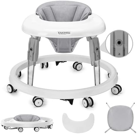 Uuoeebb One-Touch Folding Baby Walker, Anti-Roll 8-Wheel Round Chassis, 5-Speed Height Adjustment, with Large Dinner Plate and Brake, 6-18 Months Baby Walker, Gray
