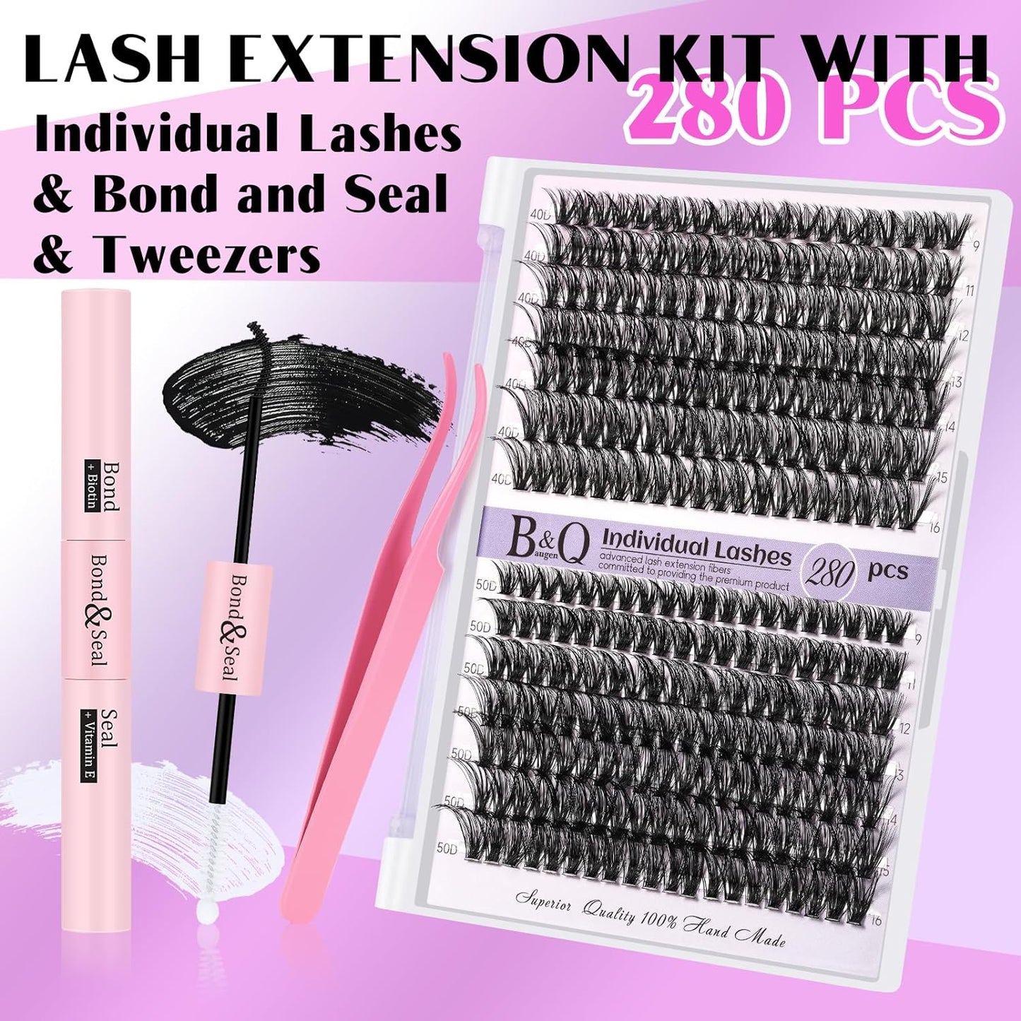 B&amp;Q Lash Extension Kit for Beginners 280pcs Eyelash Extension Kit 40D+50D 9-16 Mixed Lash Clusters Kit D Curl Lash Kit with Lash Bond and Seal Individual Lashes Kit DIY (KIT,40D+50D-D-9-16MIX)